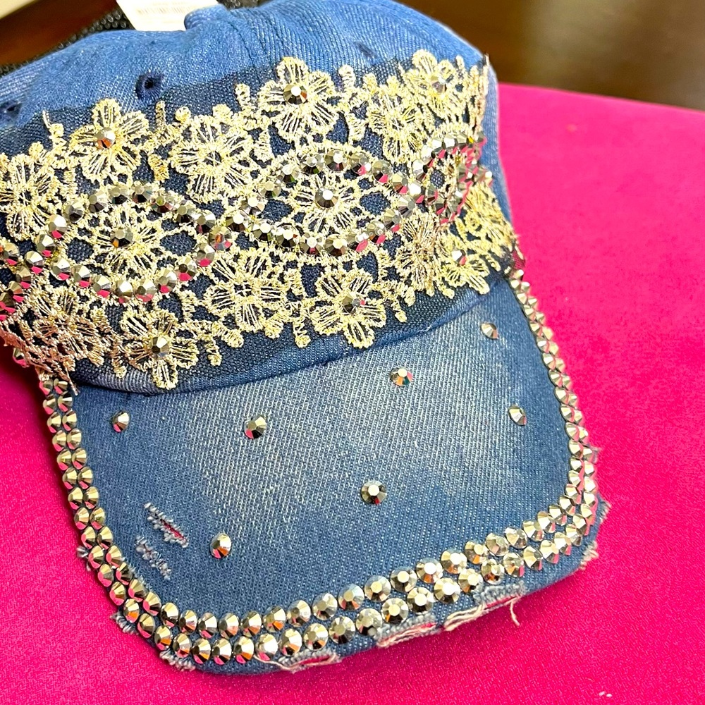 Blue Jean hat. Denim. With lace and bling